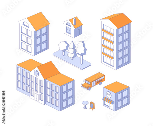 Set of isometric elements for real estate. Flat vector illustration for urban planning, property development, architectural