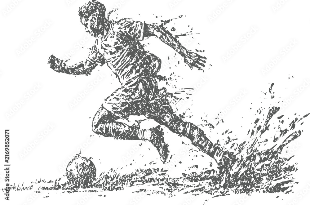 Fototapeta premium Dynamic soccer player kicking ball with force, sketch illustration in motion