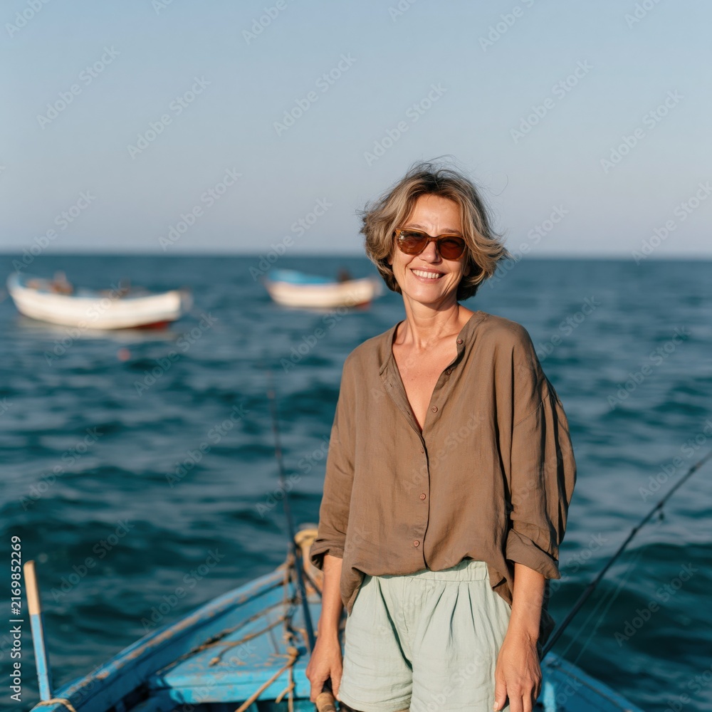 Fototapeta premium Middle aged woman smiling on a small boat at sea for summer travel banner and coastal wallpaper background for vacation design