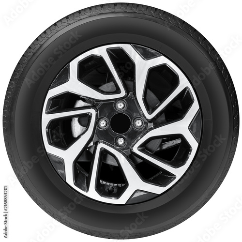White black shiny car wheel on tire