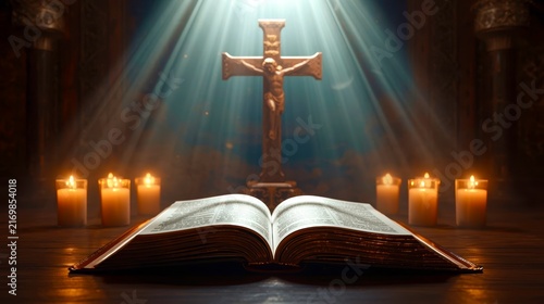 Golden cross glows above open holy book