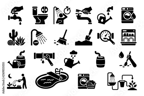 Black water conservation and ecofriendly plumbing icons set isolated on a white background