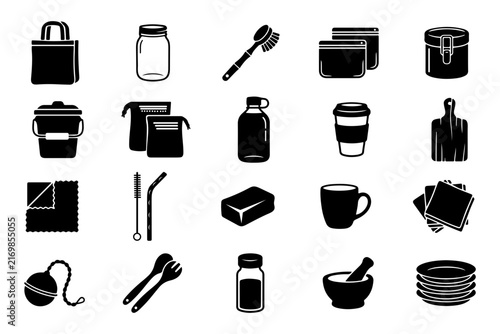 Zerowaste ecofriendly lifestyle black silhouette icon set containing reusable kitchen and household items