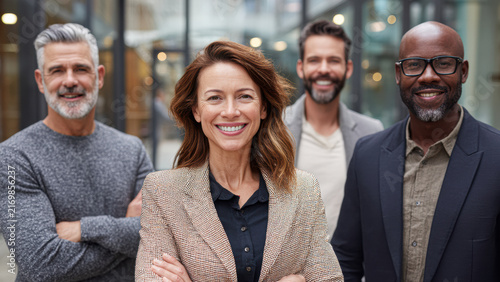 Four diverse professionals smiling confidently, standing closely together in a modern office environment with blurred glass walls in the background.