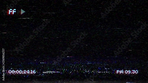 Vhs overlay with static noise glitch and fast forward play animation on screen display. Color tracking lines 4k video
