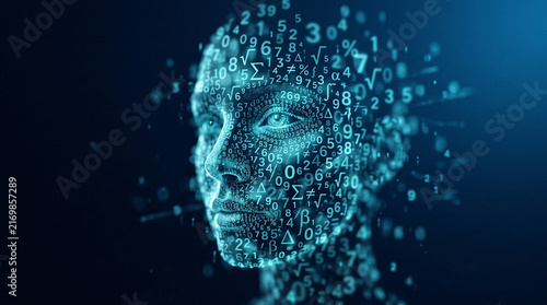 Digital human face formed by numbers and math symbols.
