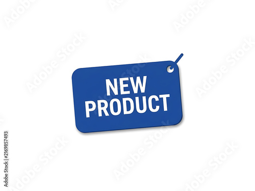 Blue rectangular price tag with new product text isolated on white background