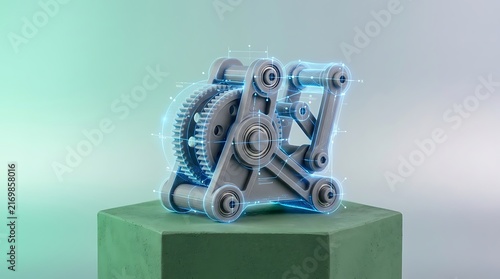 Futuristic Mechanical Gear System Leathered on Green Block