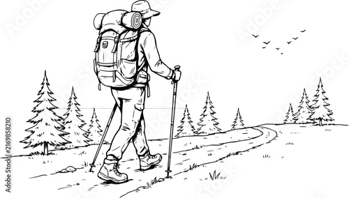 Hiking man with backpack and poles vector illustration. Tourist trekking on mountain path. Forest pine trees background, birds flying sky, outdoor adventure trip concept