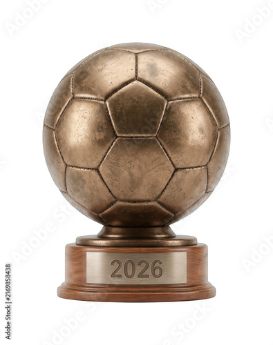 Golden Soccer Ball Trophy With 2026 Engraving On Wooden Base