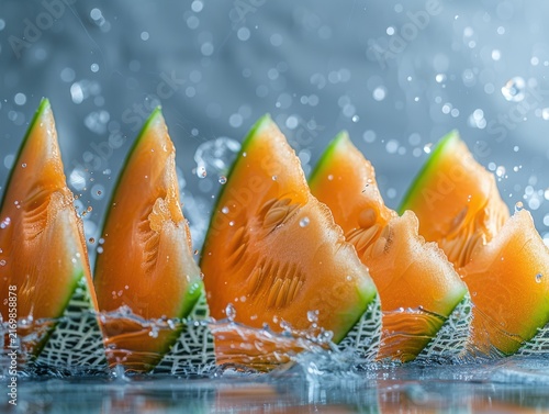 Row of Melon Slices with Splashing Water Droplets