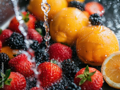 Fresh Fruit Medley with Splashing Water Drops. Fresh Strawberries, Blackberries and Oranges.