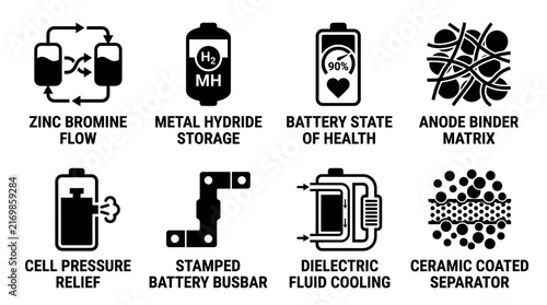 Technical icons depicting zinc bromine flow metal hydride storage battery health and dielectric fluid cooling systems with technology diagrams engineering components pressure dielectric electric