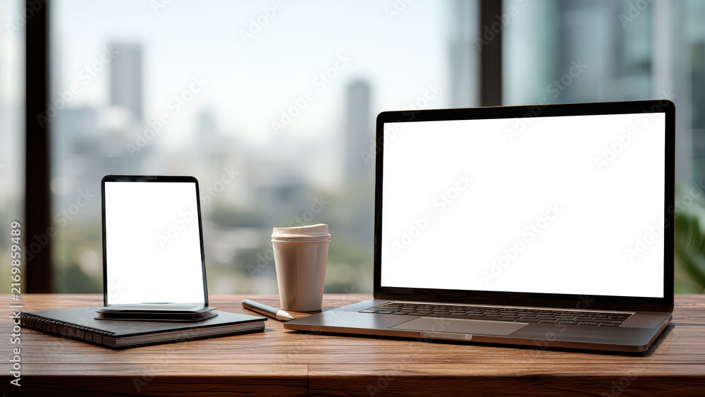 Fototapeta premium Laptop, tablet, notebook, and coffee cup on wooden desk with cityscape background, workspace setup for remote work or study.