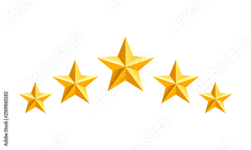 Golden star icon rating symbols arranged in a curved row, glossy award stars for review, quality and ranking designs