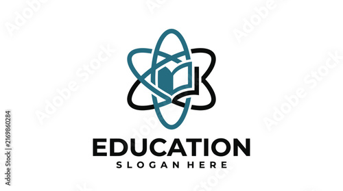 Abstract science education logo design with book and atom symbol.