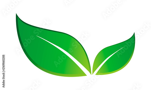 Green leaf icon with two curved leaves, eco friendly nature symbol for organic, botanical and sustainable design