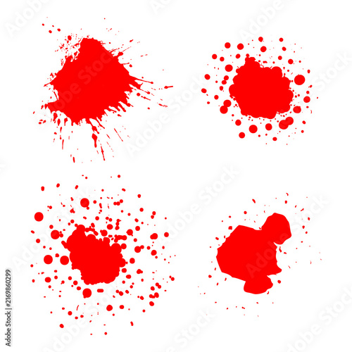 Red ink splatter marks in varied shapes, grunge paint stains and abstract brush effects for creative graphic design