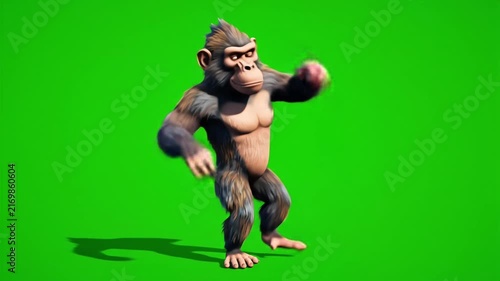 3D animated funny chimpanzee character walking and scratching head on green screen background