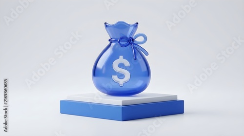 3D blue glass money bag icon with dollar symbol on podium for finance and wealth concept