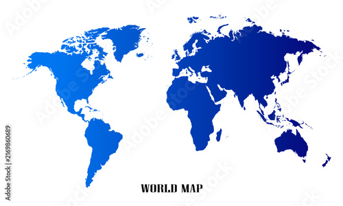 Blue world map silhouette showing continents, global geography illustration for travel, education and international design