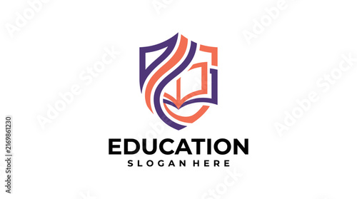 Modern shield education logo design featuring an open book symbol.