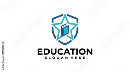 Professional Education Shield Logo Design with Star and Book Icon.