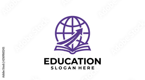 Purple Education Logo Design Featuring a Globe and Open Book with Upward Arrow.