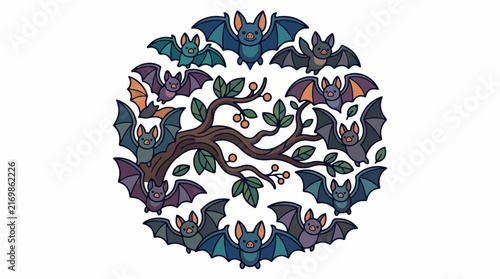 Circular Pattern of Colorful Bats and Tree Branches