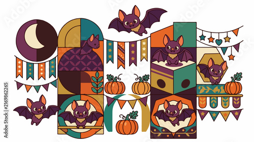 Halloween bats and pumpkins illustration set