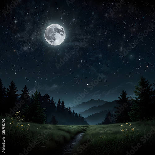 Night scene with moon and stars