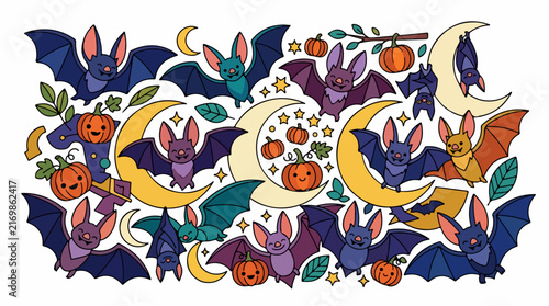 Colorful Halloween Bats and Pumpkins Illustration