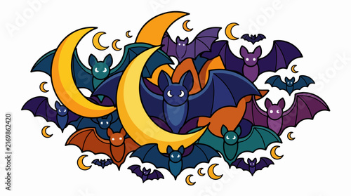Colorful Bats Flying Around Crescent Moons