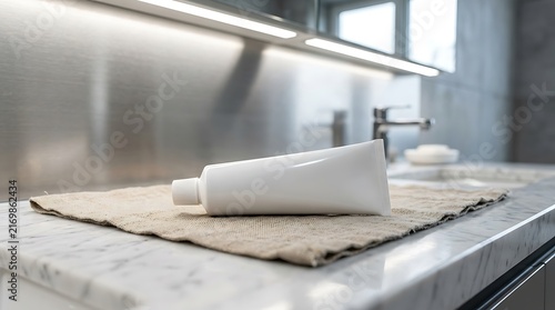 White Tubed Bottle on Linen Cloth in Modern Kitchen