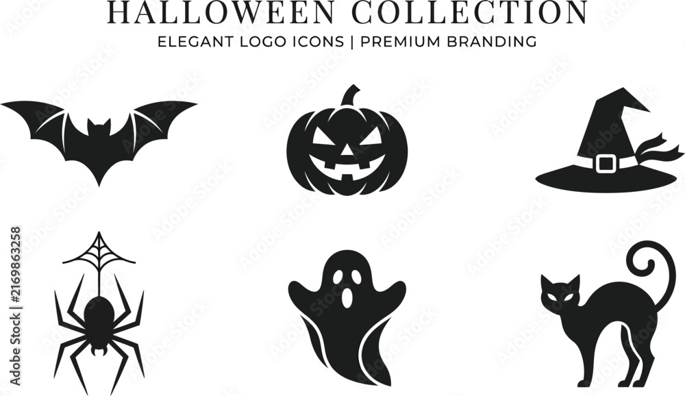 Fototapeta premium Vintage halloween icons including a bat pumpkin witch hat spider ghost and black cat