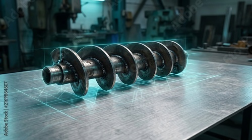 Industrial Steel Crankshaft on Metal Workbench in Workshop