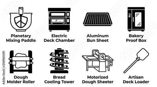 Commercial bakery machinery and tools set with planetary mixing paddle electric deck chamber aluminum bun sheet bakery proof box dough molder roller broad cooling tower motorized dough shooter