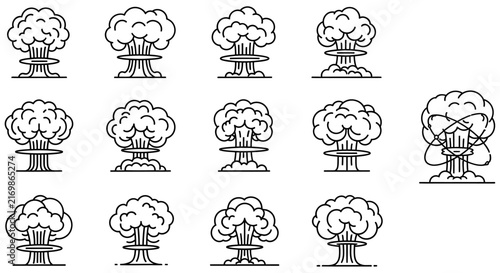 Nuclear Explosion Icons Line Art Style On White Background atomic
