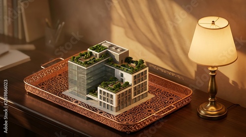 Modern Building Model with Green Roofs on Wooden Desk Tray
