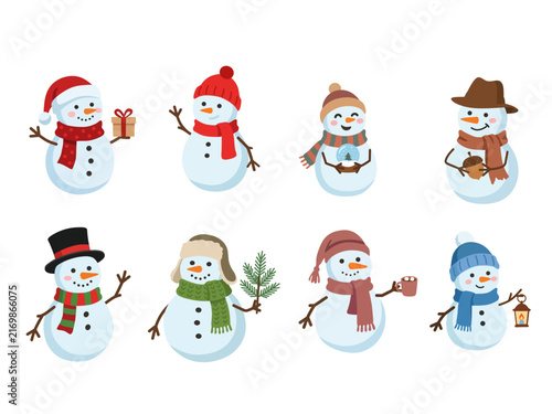 Set of eight cute snowman characters wearing winter hats and scarves, holding gifts and seasonal accessories, isolated on white background in cartoon vector style