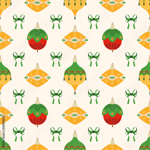 Seamless Christmas pattern with vintage tree ornaments and festive bows. Vector illustration for the winter holidays.