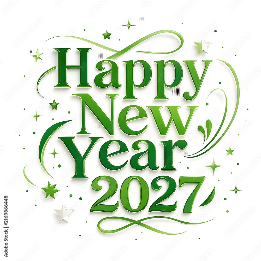 Fototapeta premium Happy new year 2027 greeting card design with elegant green lettering and decorative stars and swirl flourishes for a festive holiday celebration and seasonal winter party event