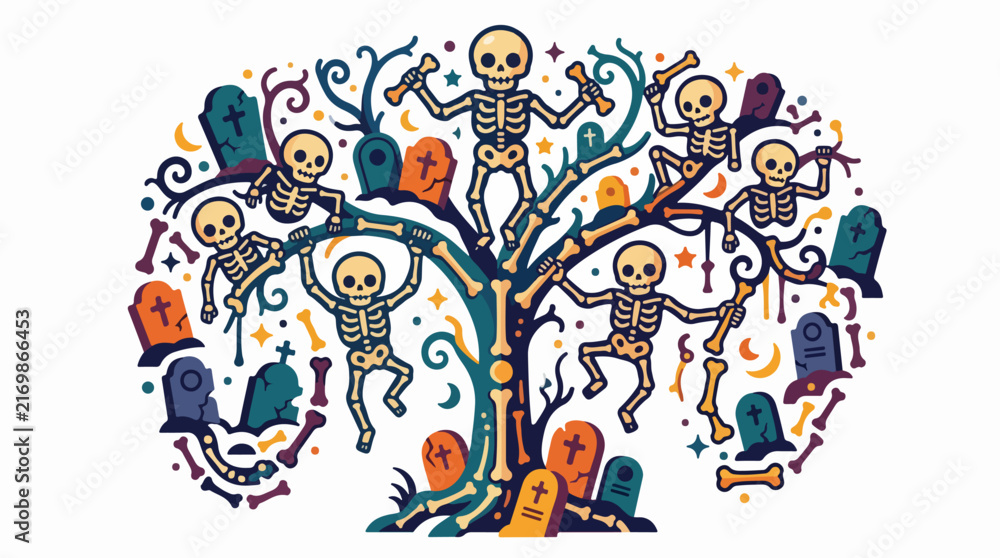 Obraz premium Halloween skeletons dancing around a spooky tree