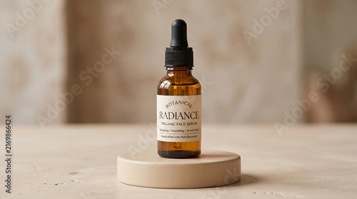 Amber glass dropper bottle of organic face serum placed on a beige stone pedestal against a neutral textured background, minimalist skincare product photography