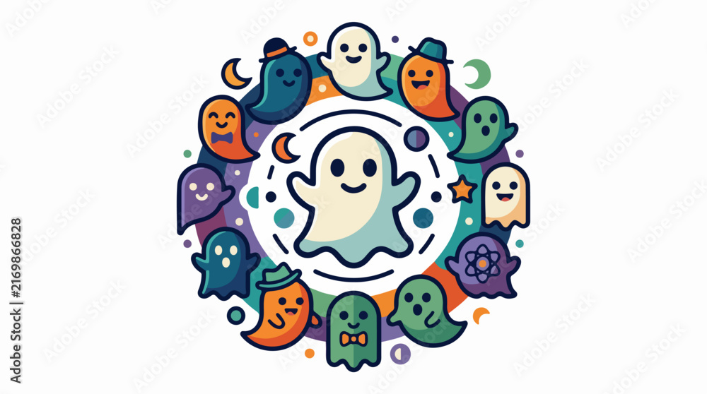 Naklejka premium Colorful cartoon ghosts in a circle formation