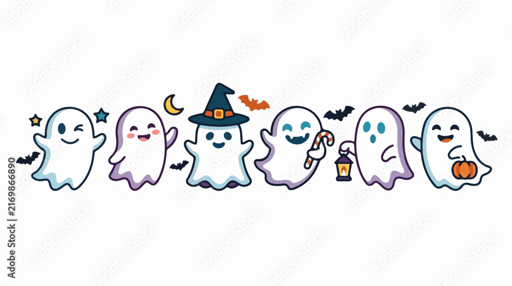 Fototapeta premium Cute Halloween Ghost Characters Celebrating