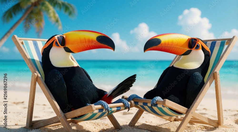 Fototapeta premium Two toucans wearing sunglasses relax on beach chairs by the ocean. Tropical birds enjoy summer vacation under palm trees. Peaceful scene with blue sky and calm sea water.