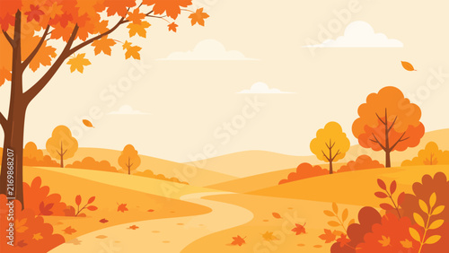 landscape, autumn, tree, nature, vector, illustration, sunset, sky, sun, desert, orange, leaf, fall, season