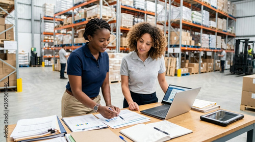 Two diverse female logistics managers reviewing inventory reports and data on a laptop and paper documents at a desk in a large industrial warehouse with high shelving and boxes.