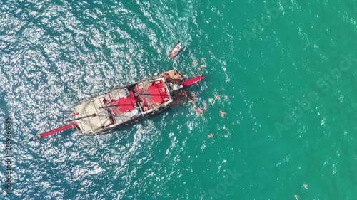 Aerial view of a crusie ship in Mediterranean Sea, Antalya, Türkiye